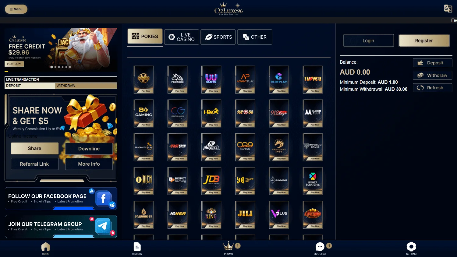 Ozluxe96 Casino desktop home with AUD casino and betting offer