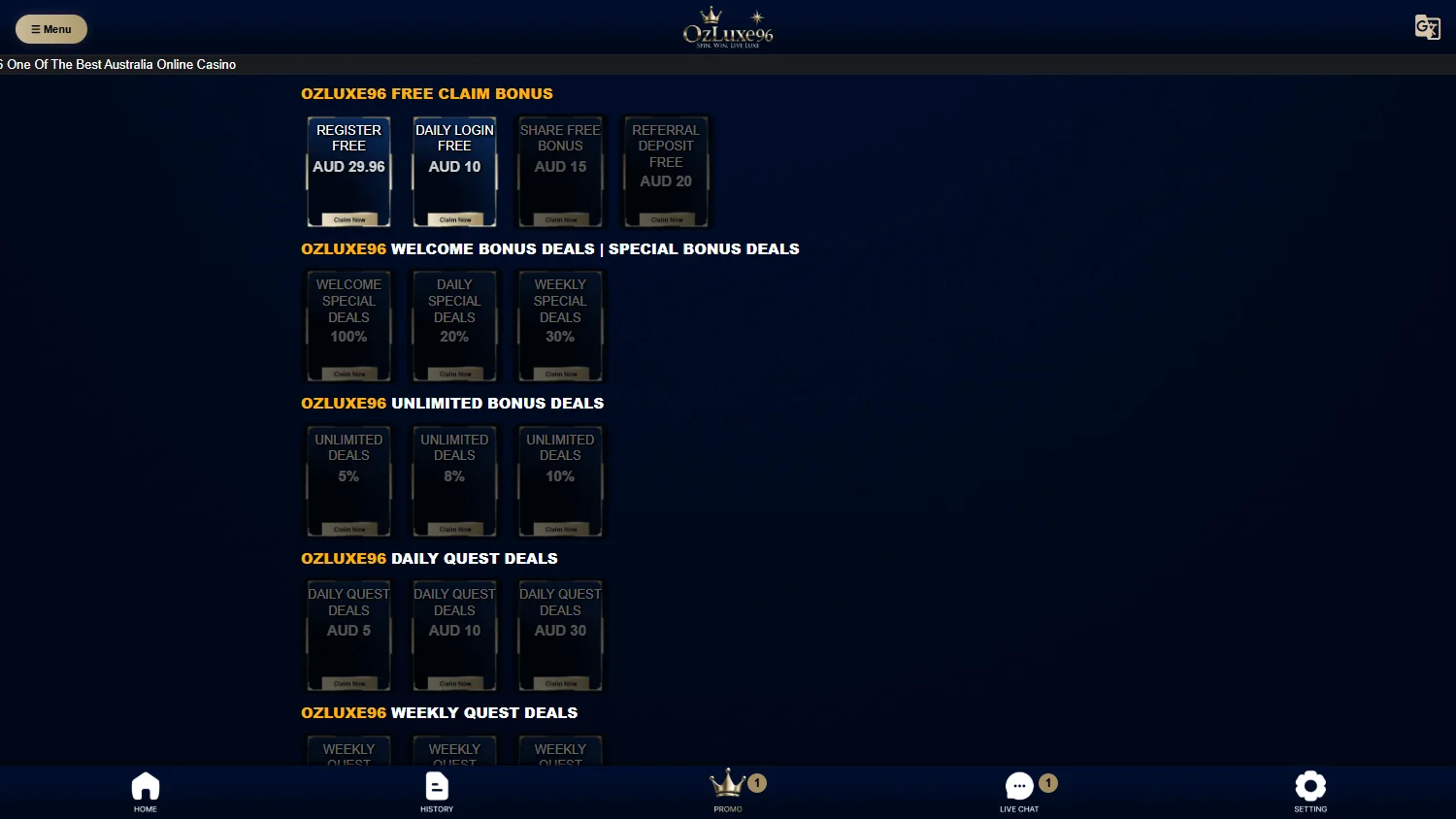 Ozluxe96 Casino desktop promotions with welcome and recurring offers