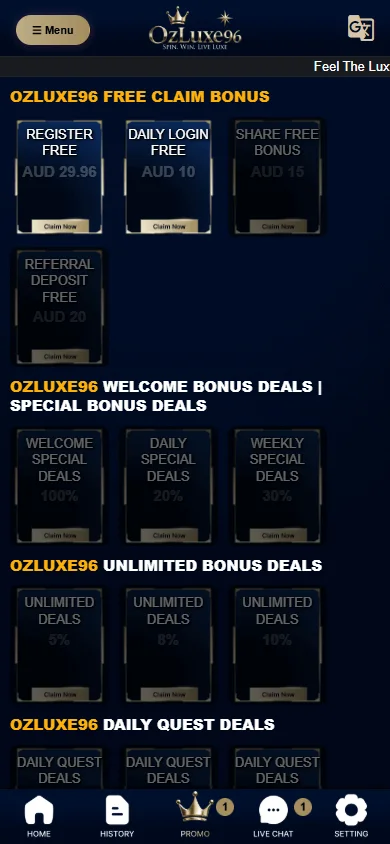Ozluxe96 Casino mobile promotions with no deposit and target rewards