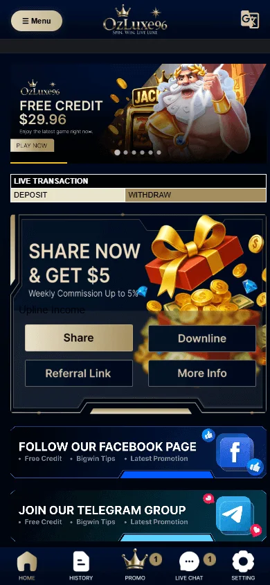 Ozluxe96 Casino mobile home with AUD account and casino options